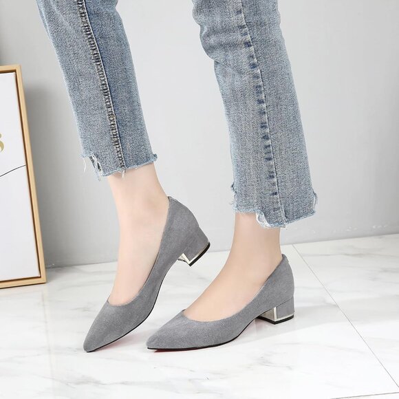 Women's Grey Suede Low Heels Stacked Block Heeled Causal Flats Pumps Shoes - Picture 5 of 7